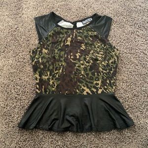 Army fatigue and faux leather blouse